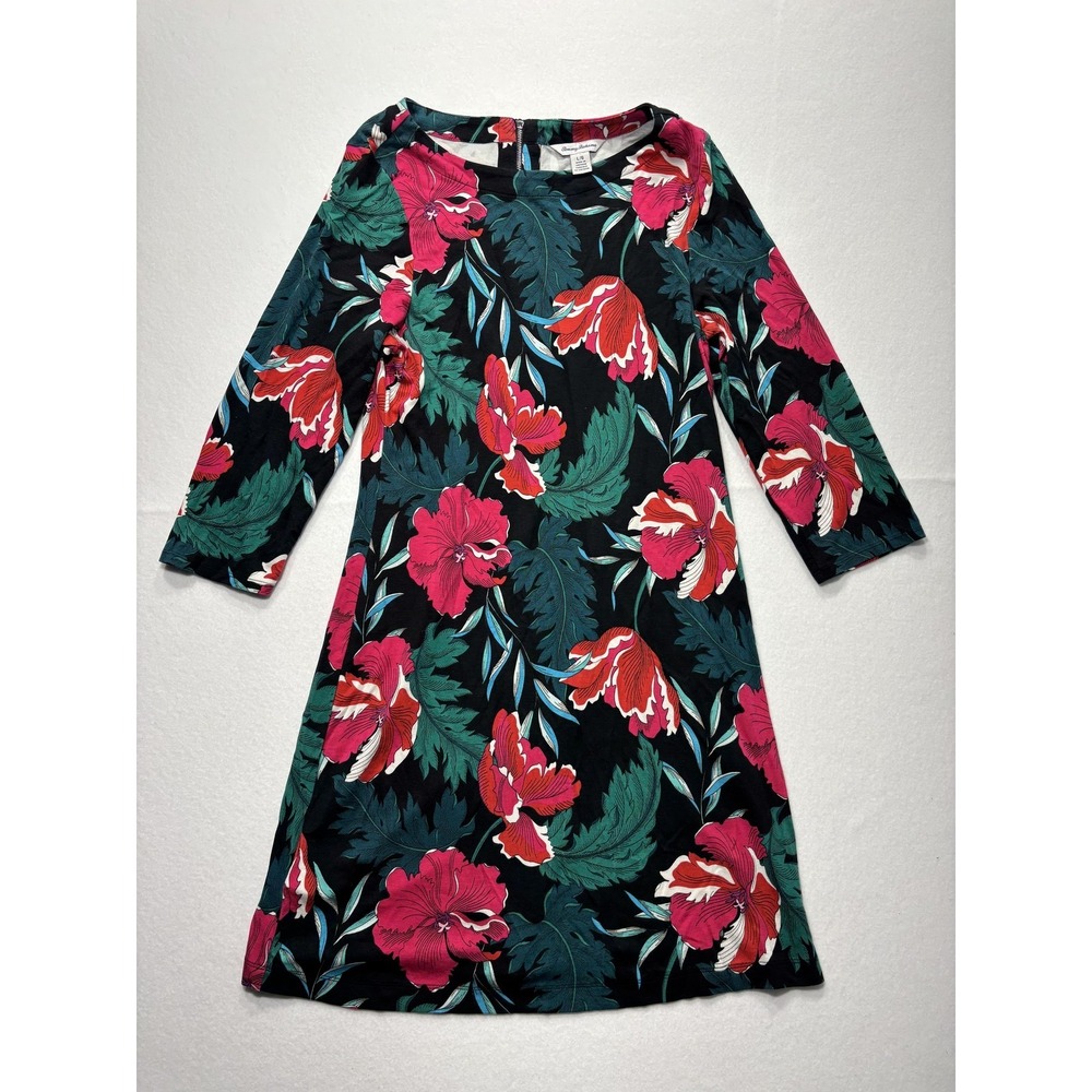 Tommy Bahama Dress Womens Large Black Tropical Floral Boat Neck 3/4 Sleeve